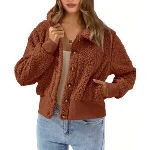 BTFBM Women's Button Down Sherpa Shacket Jacket LSV Faux Fur Teddy Bear S Brown